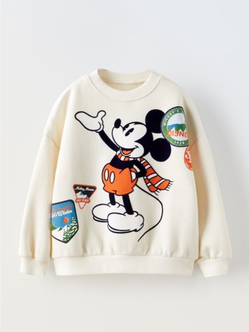 Zara Cream Mickey Mouse Graphic Sweatshirt with Orange and Black Accents